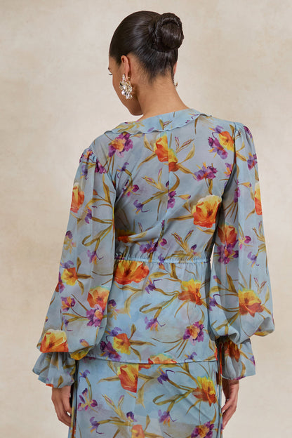 Alveta | Blue Floral Chiffon Sheer V-Neck Top With Ruffled Detailing