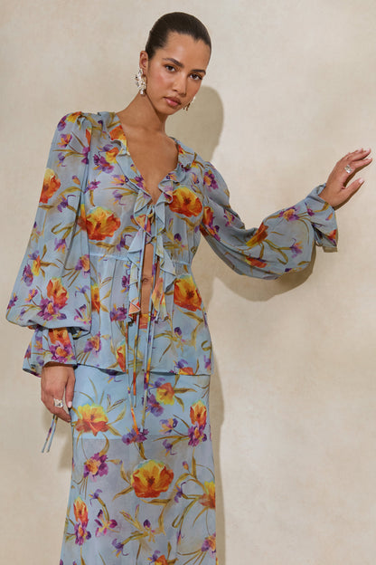 Alveta | Blue Floral Chiffon Sheer V-Neck Top With Ruffled Detailing