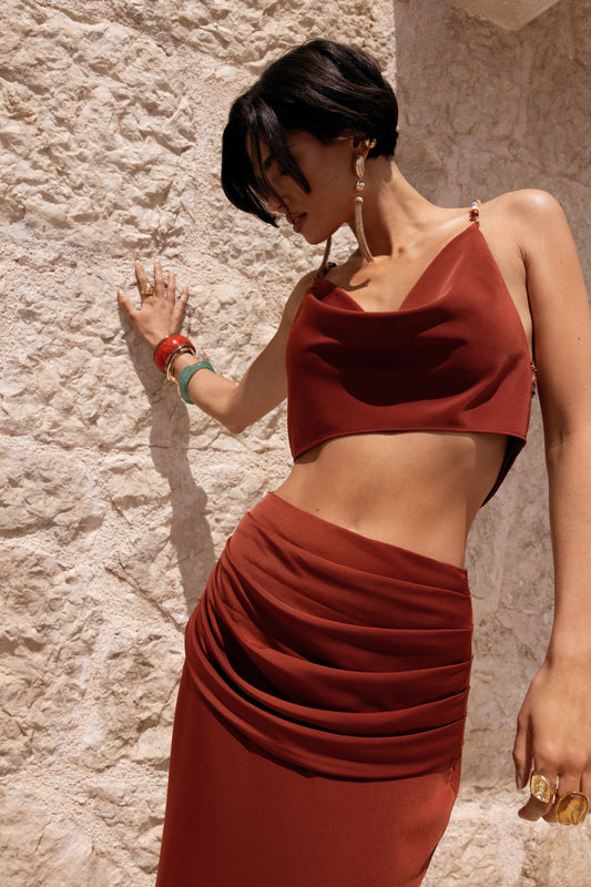 Anina | Rust Satin Cowl-Neck Crop-Top