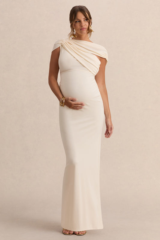 Eulalia | Cream Asymmetric-Neck Maternity Maxi Dress With Cape Detail