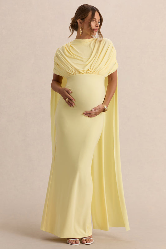 Araminta | Lemon Bardot-Neck Maternity Maxi Dress With Cape Sleeves