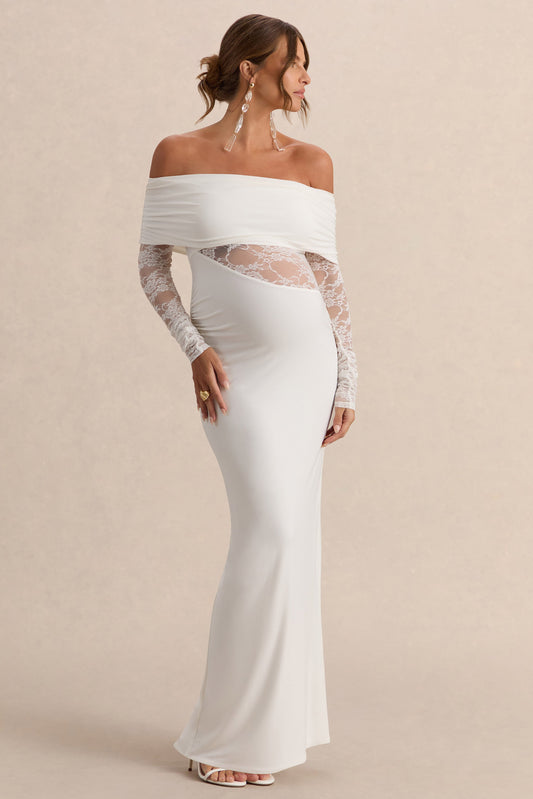 Artemisia | White Bardot-Neck Maternity Maxi Dress With Lace Detailing