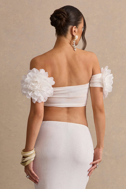 Arwenne | White Bardot-Neck Crop-Top With Corsage Detailing