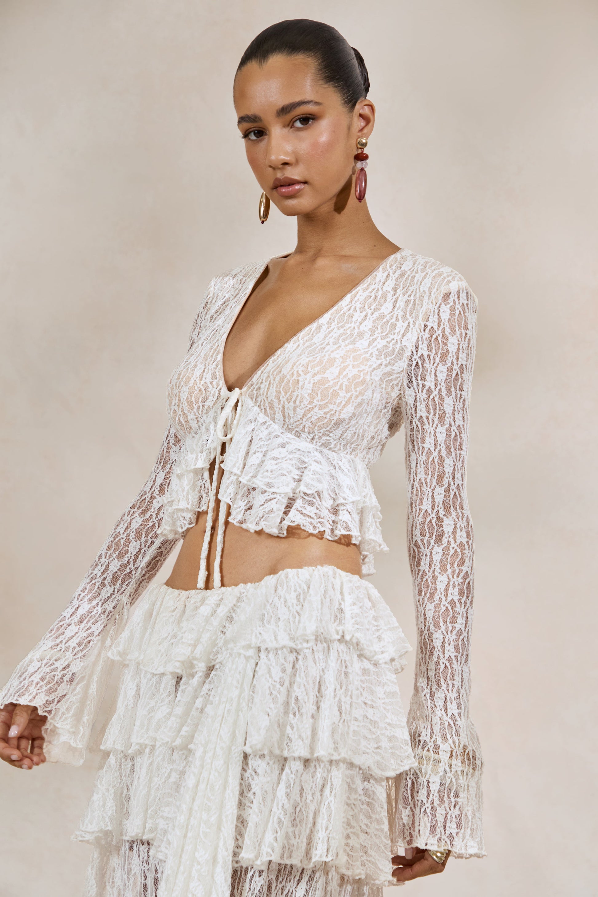 Astella | White Lace Plunge-Neck Top With Ruffled Trim