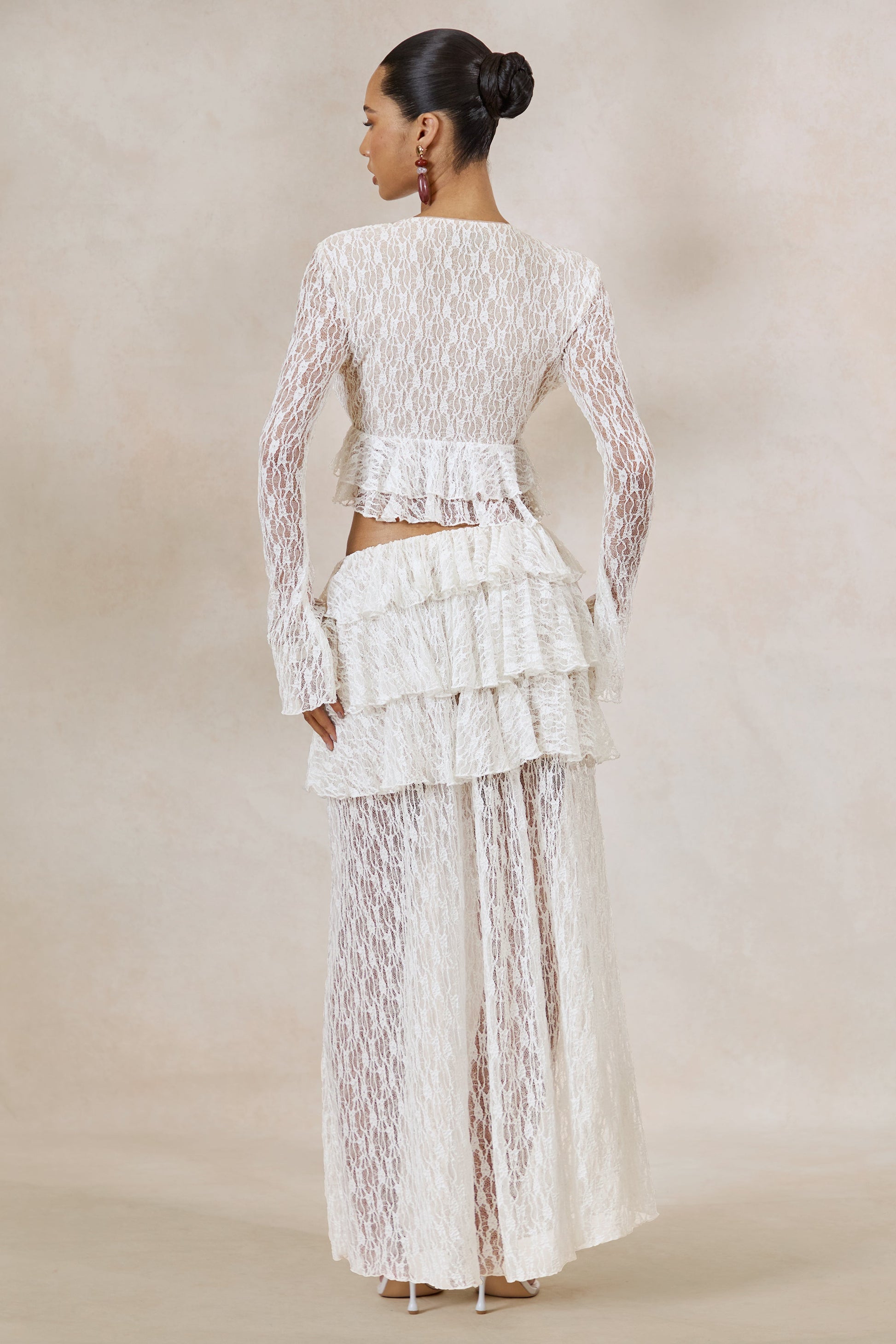 Astella | White Lace Plunge-Neck Top With Ruffled Trim