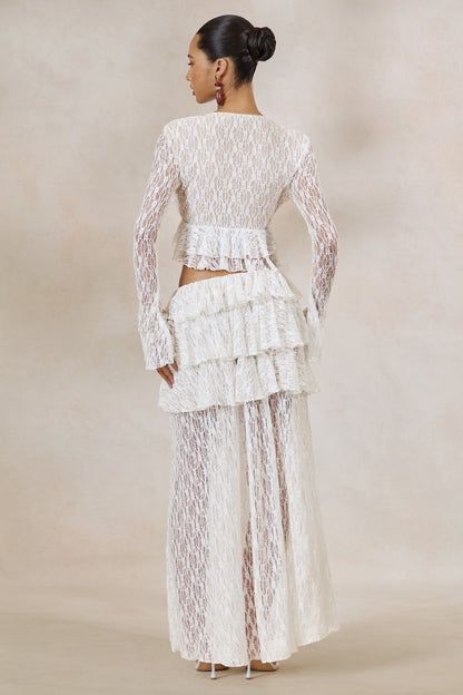 Astella | White Lace Plunge-Neck Top With Ruffled Trim