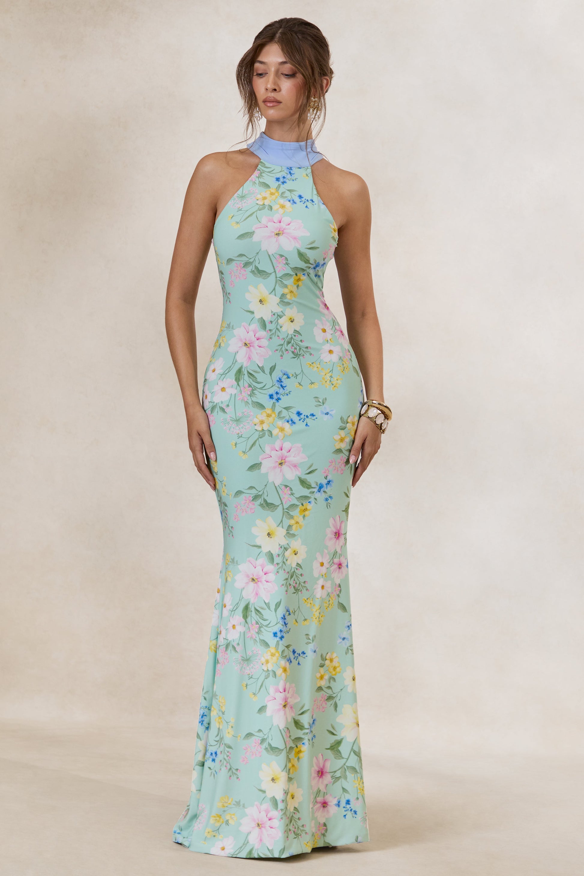 Inarah | Mint Floral Print High-Neck Maxi Dress With Scarf Detail