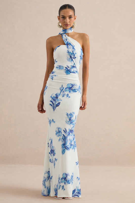 Iraida | Blue Floral Print High-Neck Maxi Dress With Scarf Detail