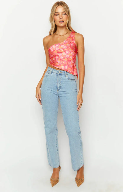 Claudi Orange And Pink Satin One Shoulder Top