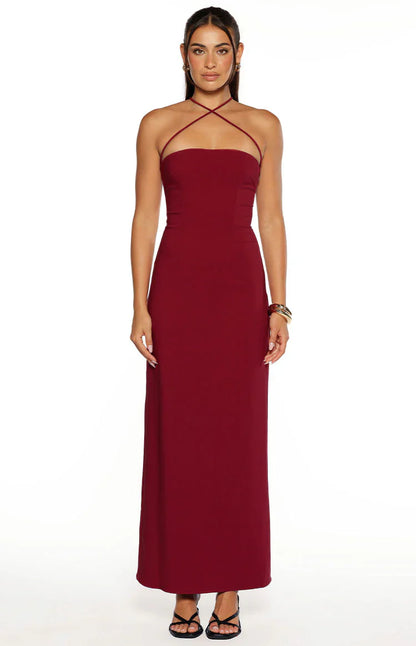 Del Mar Burgundy Crepe Formal Maxi Dress
