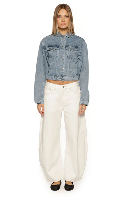 Elana Mid Wash Cinched Waist Denim Jacket
