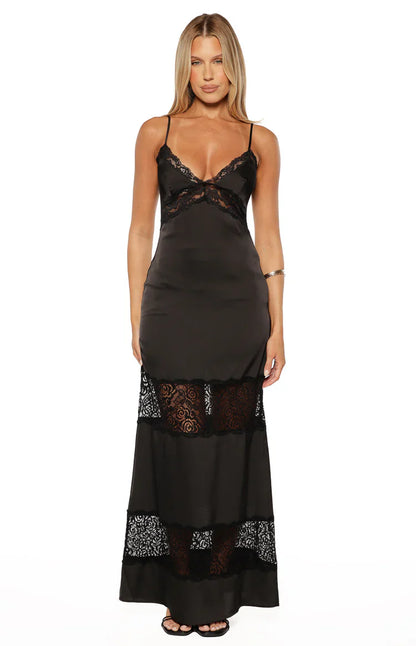 Freyja Black Lace Insert Satin Maxi Dress