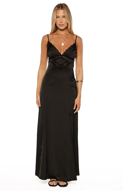 Gabby Black Satin Lace Maxi Dress