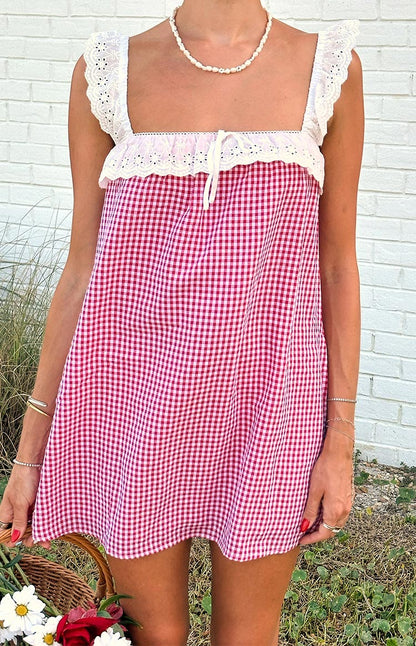 Harry Red Gingham Lace Mini Dress