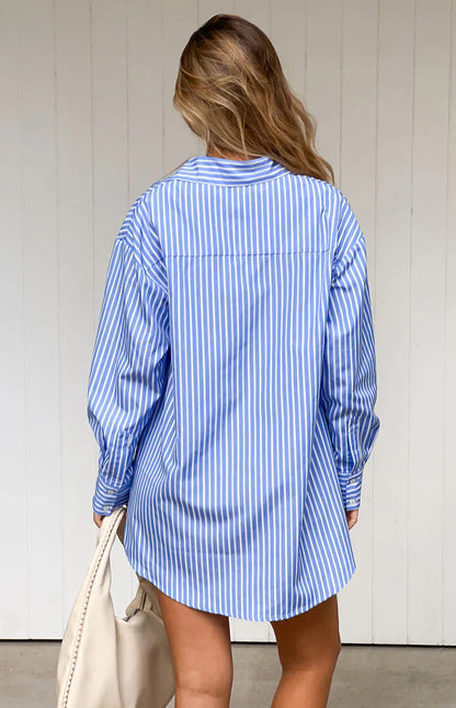 Jasper Blue Pinstripe Lace Up Shirt Dress