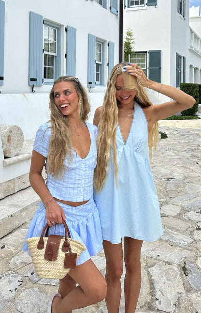 Della Blue Stripe Button Front Top
