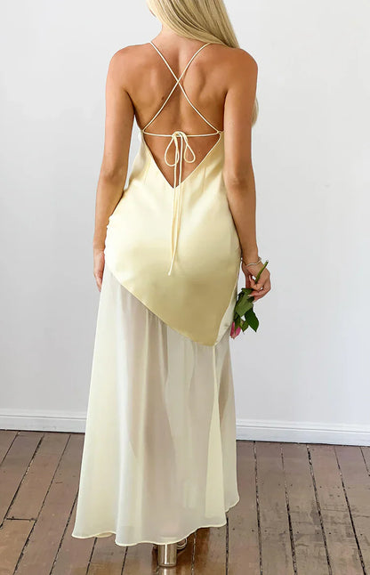 Laila Yellow Satin Scarf Formal Maxi Dress