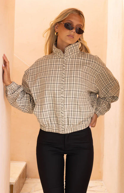 Lee Beige Plaid Funnel Neck Jacket