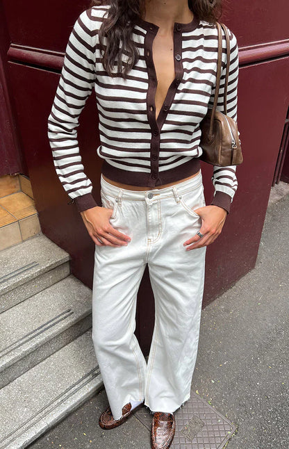 Lottie Chocolate Stripe Round Neck Cardigan