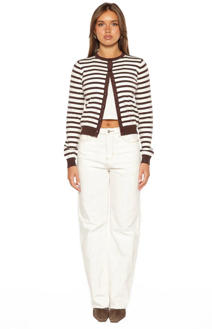 Lottie Chocolate Stripe Round Neck Cardigan