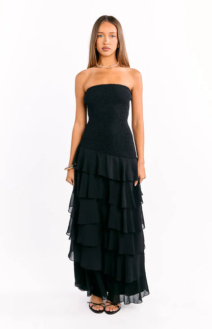 Riles Black Strapless Ruffle Maxi Dress