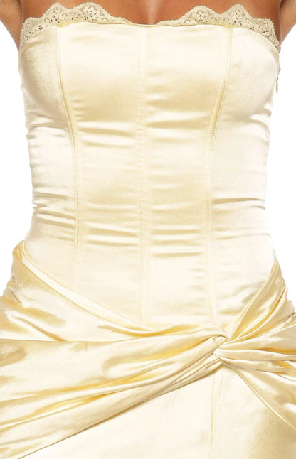 Sasha Yellow Ruched Twist Satin Maxi Dress