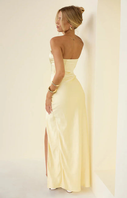 Sasha Yellow Ruched Twist Satin Maxi Dress