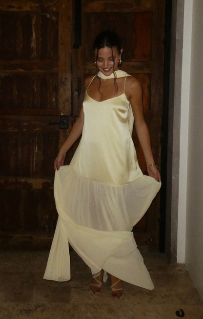 Dalia Maxi Dress ~ Pale Yellow Luxe Satin