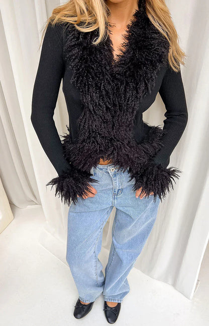 Violetta Black Fur Trim Knit Cardigan