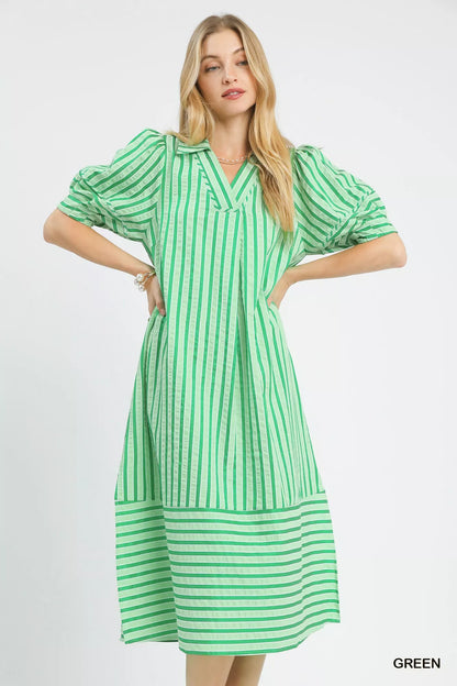 Umgee Striped Puff Sleeve Midi Dress