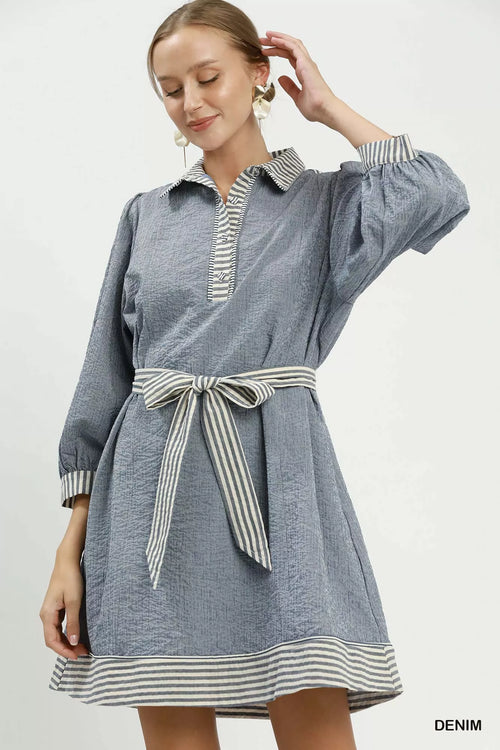 Umgee Striped Contrast Belted Puff Sleeve Mini Dress