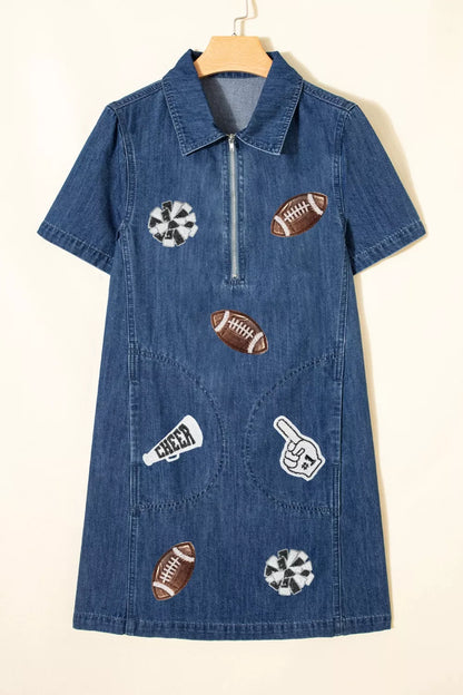 Sequin Football Cheer Patches Game Day Denim Mini Dress