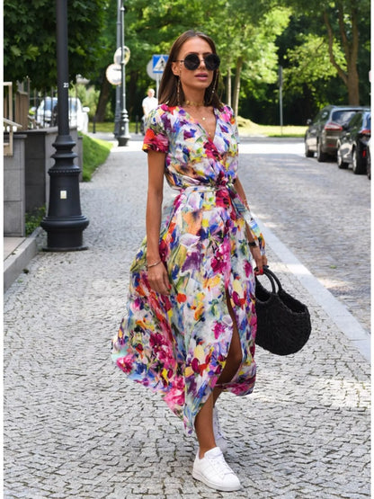 Surplice Short Sleeve Midi Dress