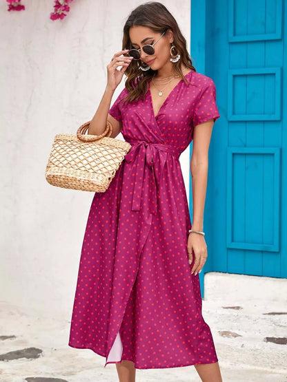 Surplice Short Sleeve Midi Dress