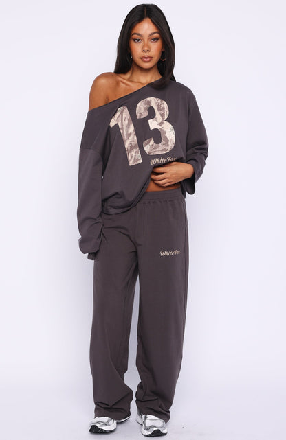 All A Dream Off Shoulder Oversized Long Sleeve Tee Charcoal