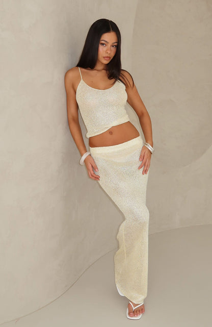 Star Shining Sequin Knit Maxi Skirt Lemon
