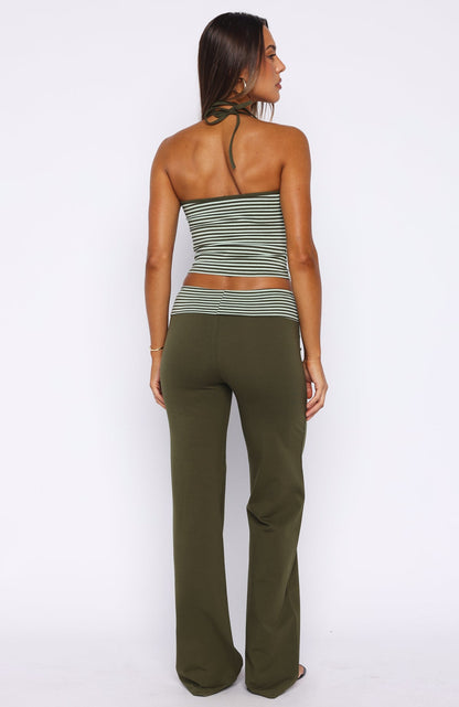 Lucky Charm Fold Over Pants Khaki / Mint Stripe