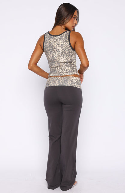 My Own Sunshine Fold Over Pants Charcoal/Leopard Print